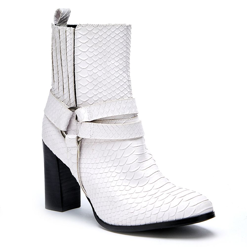Breakaway Embossed Leather Harness Hardware Detailed Block Heeled Ankle Boots